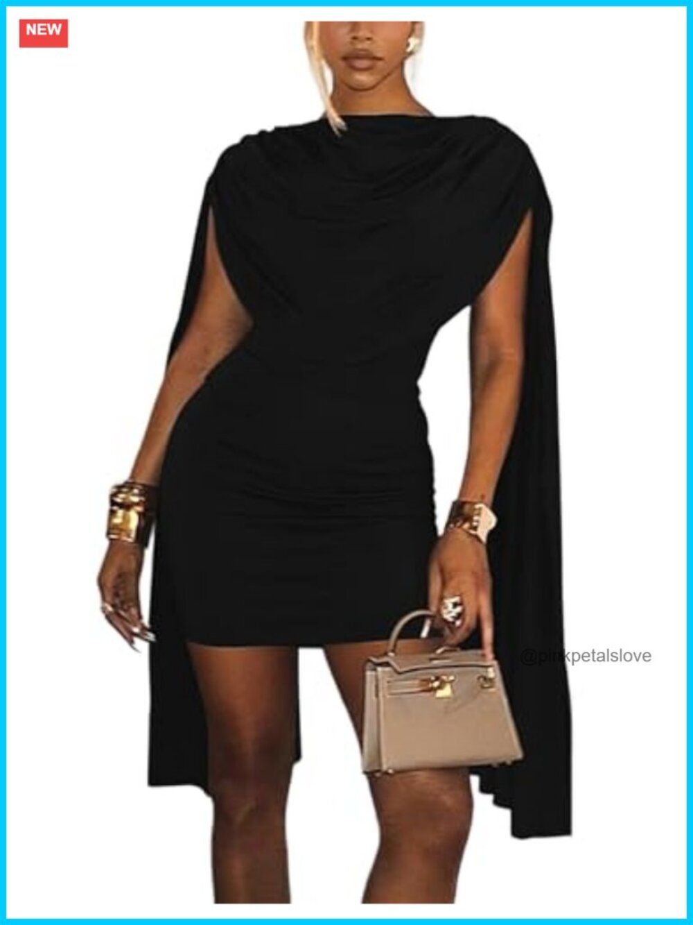 Women Sexy Bodycon Mini Dress Cowl Neck Cape Sleeve Ruched Party Club Cocktail